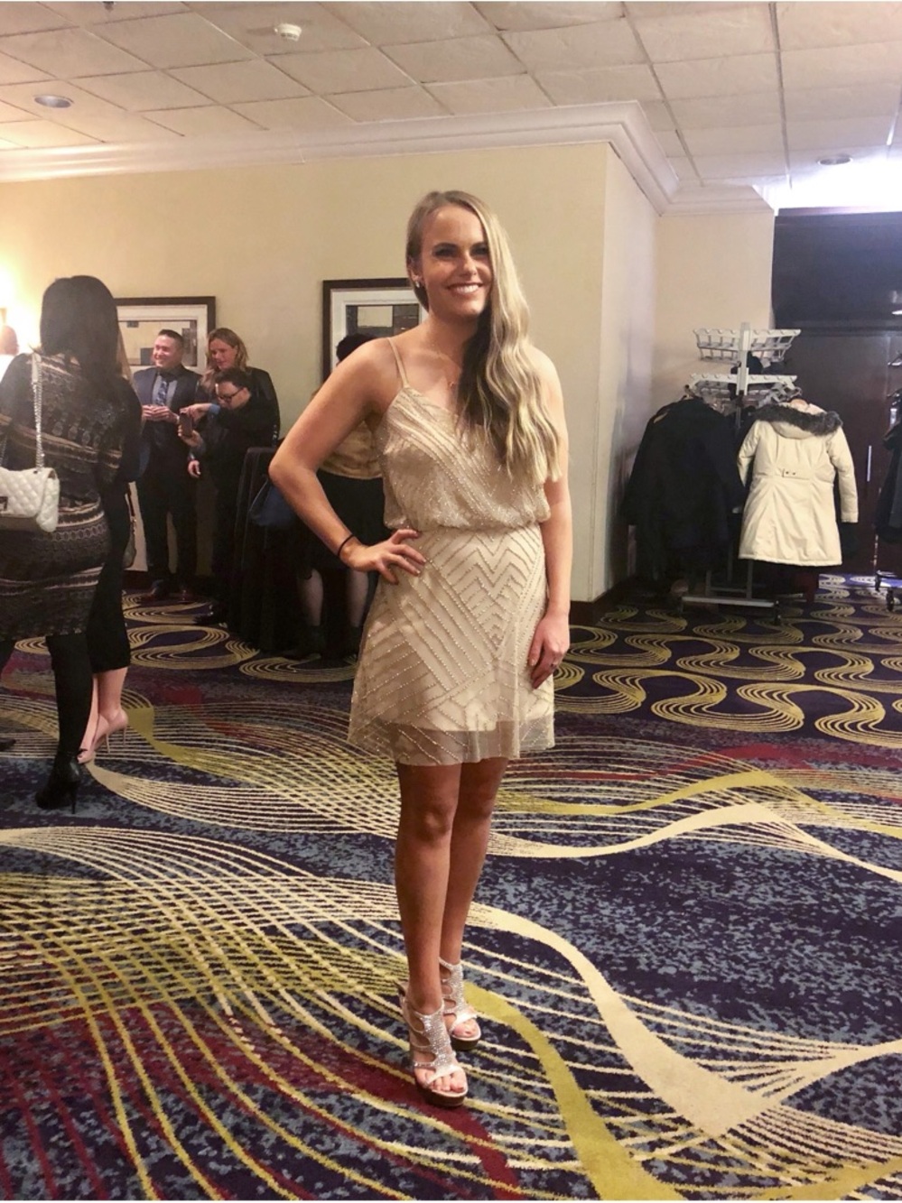 Adrianna Papell Gold Beaded Mini Dress with Spaghetti Straps
